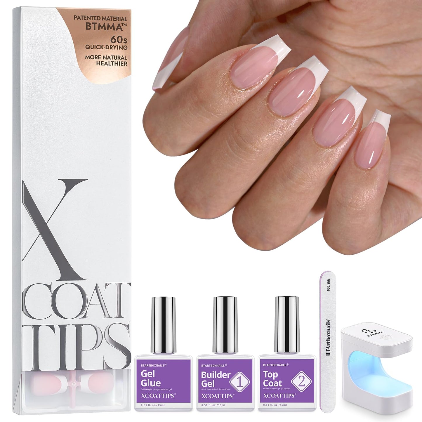 BTArtboxnails XCOATTIPS Gel Nail Kit - Short Squre French Tip Press on Nails Kit, Pink Soft Gel Nail Tips with Nail Gel, French Protecing Duo and Nail Lamp for Gift Home DIY