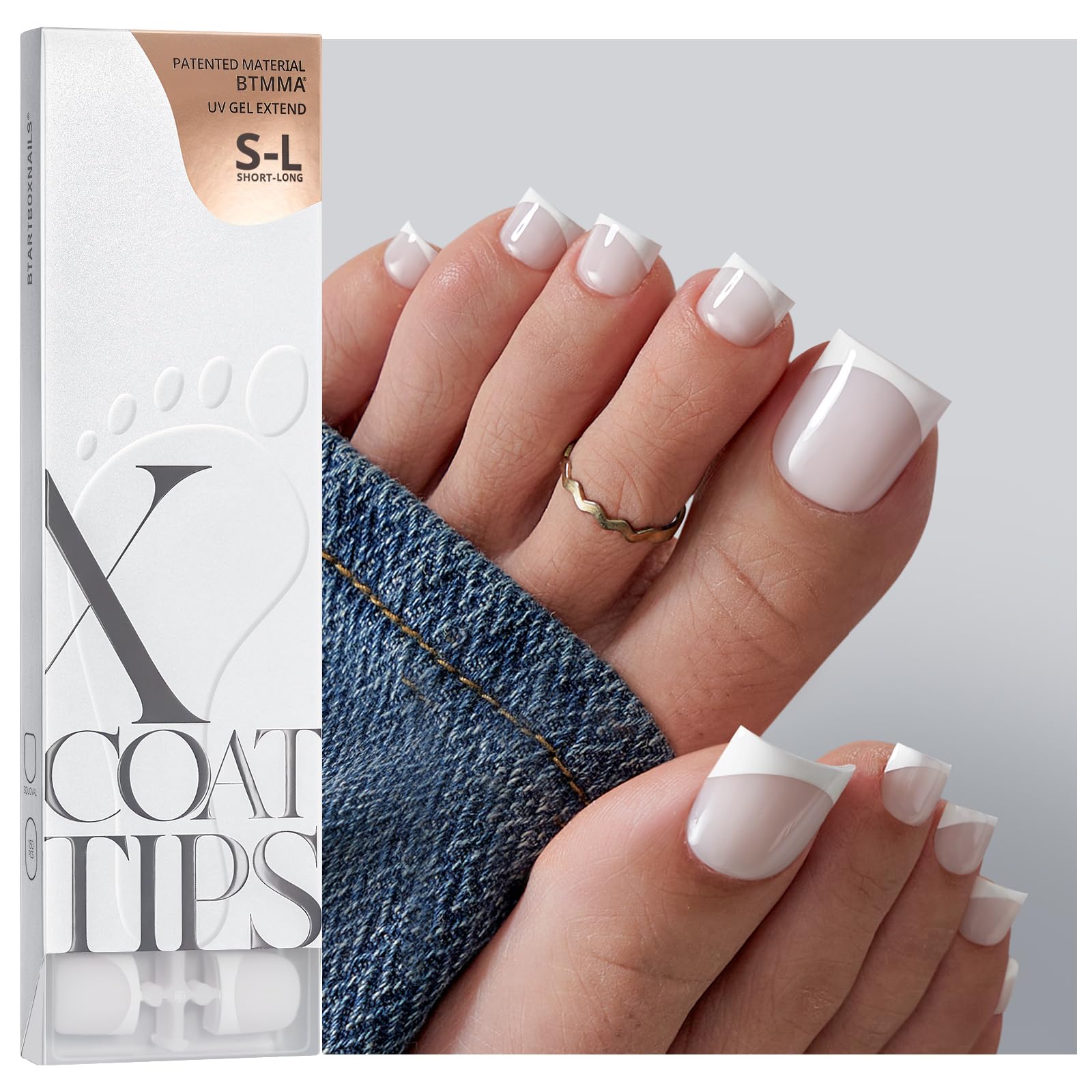 BTArtboxnails XCOATTIPS Toe Nail Tips - Lamp-Curable Real Square Pink Press On Toenails for Women, 150 Soak Off French Tip Toe Nail Extensions in 15 Sizes, Builder Gel & Top Coat Required