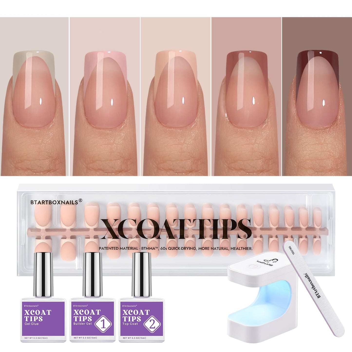 BTArtboxnails XCOATTIPS Press on Nails Short - Skin Tones Almond Nail Tips, Soft Gel Nail Tips with Nail Gel, French Protecting Duo, Nail Lamp, All in One Fake Nails French Tip Press on Nails Kit