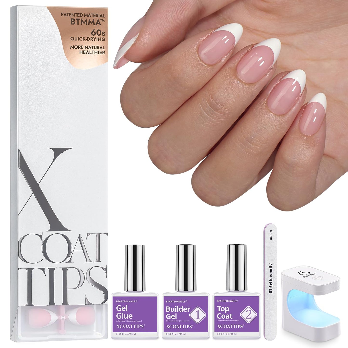 BTArtboxnails XCOATTIPS Gel Nail Kit - Short Squre French Tip Press on Nails Kit, Pink Soft Gel Nail Tips with Nail Gel, French Protecing Duo and Nail Lamp for Gift Home DIY