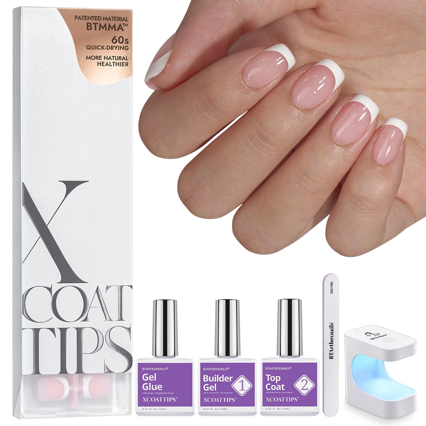BTArtboxnails XCOATTIPS Gel Nail Kit - Short Squre French Tip Press on Nails Kit, Pink Soft Gel Nail Tips with Nail Gel, French Protecing Duo and Nail Lamp for Gift Home DIY