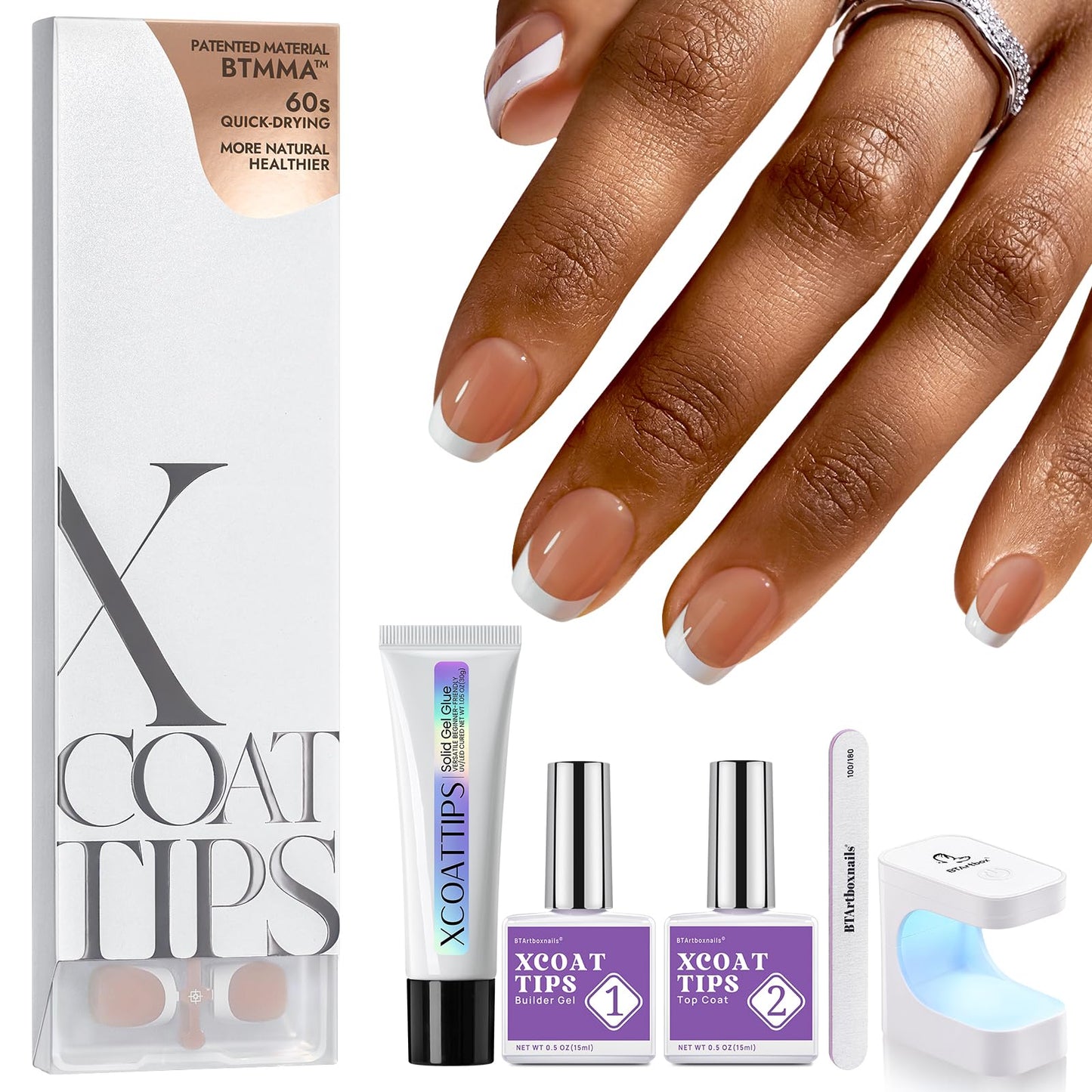 BTArtboxnails XCOATTIPS Gel Nail Kit - Short Squre French Tip Press on Nails Kit, Pink Soft Gel Nail Tips with Nail Gel, French Protecing Duo and Nail Lamp for Gift Home DIY
