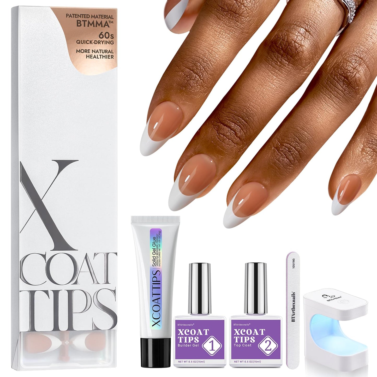 BTArtboxnails XCOATTIPS Gel Nail Kit - Short Squre French Tip Press on Nails Kit, Pink Soft Gel Nail Tips with Nail Gel, French Protecing Duo and Nail Lamp for Gift Home DIY