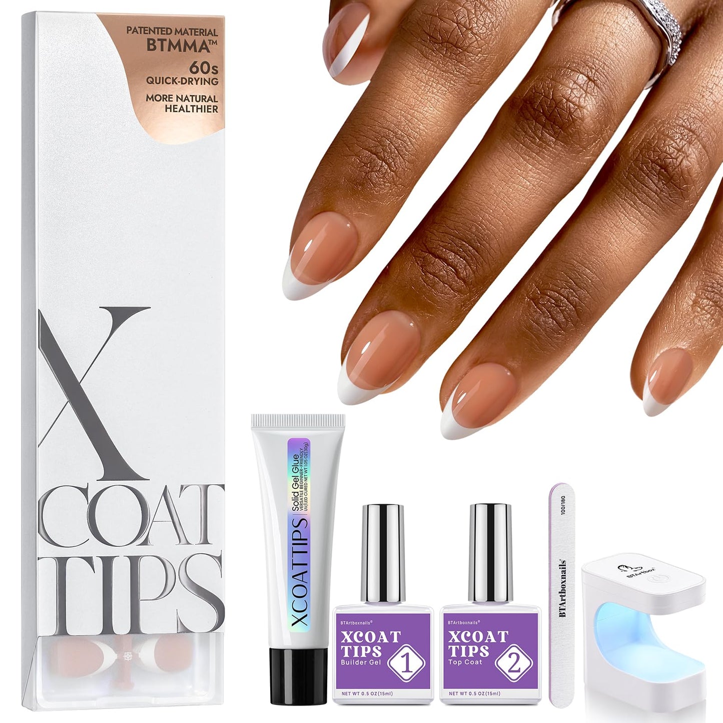 BTArtboxnails XCOATTIPS Gel Nail Kit - Short Squre French Tip Press on Nails Kit, Pink Soft Gel Nail Tips with Nail Gel, French Protecing Duo and Nail Lamp for Gift Home DIY