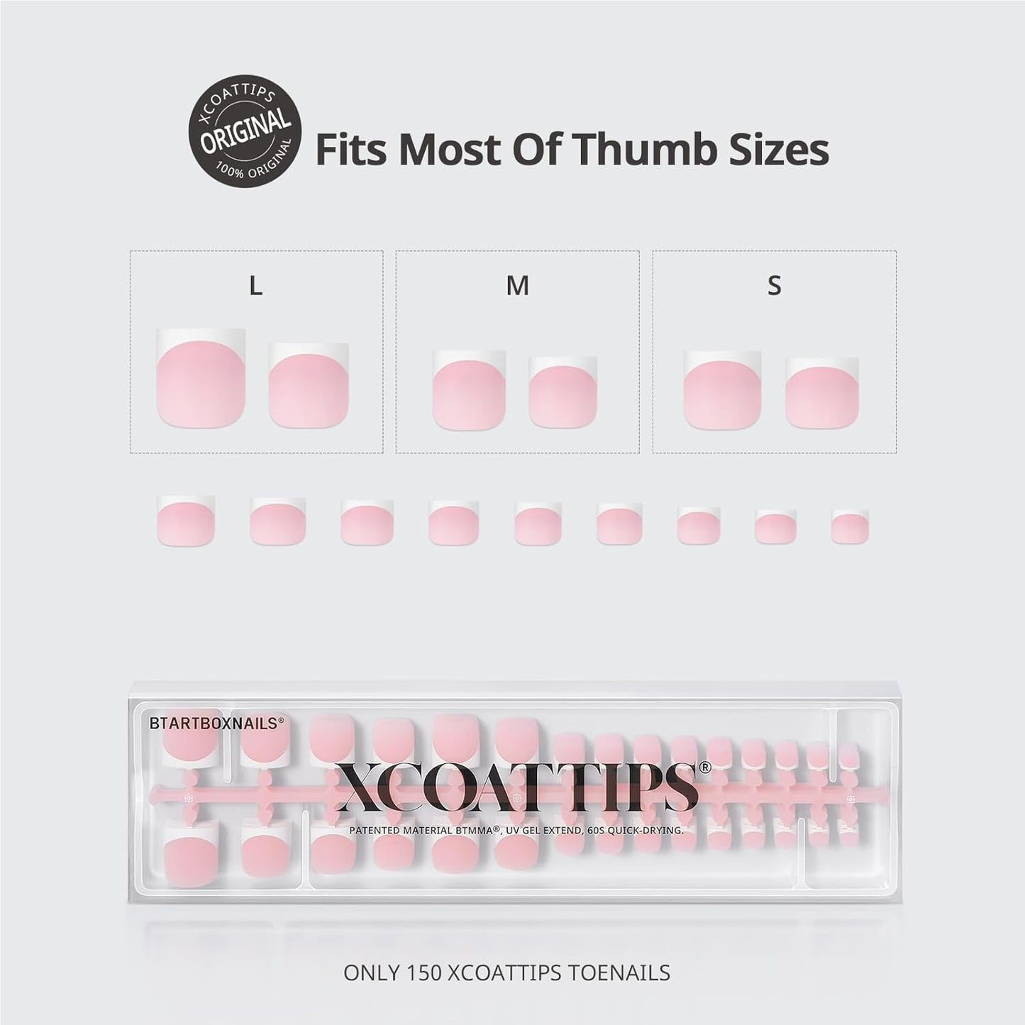 BTArtboxnails XCOATTIPS Toe Nail Tips - Lamp-Curable Real Square Pink Press On Toenails for Women, 150 Soak Off French Tip Toe Nail Extensions in 15 Sizes, Builder Gel & Top Coat Required