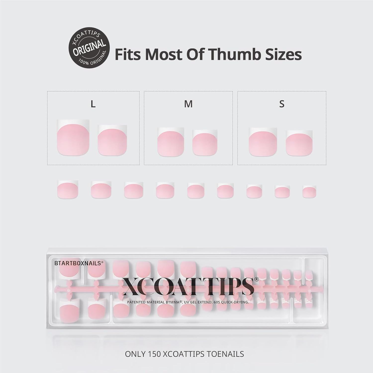 BTArtboxnails XCOATTIPS Toe Nail Tips - Lamp-Curable Real Square Pink Press On Toenails for Women, 150 Soak Off French Tip Toe Nail Extensions in 15 Sizes, Builder Gel & Top Coat Required