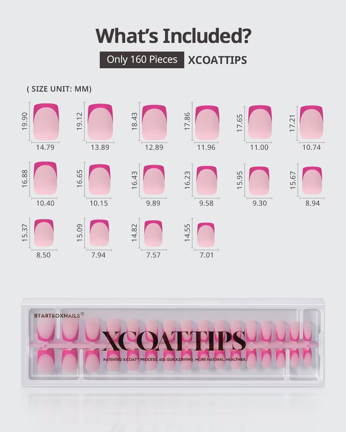 BTArtboxnails XCOATTIPS Short Press On Nails Square - Pink French Tip Press On Nails, Soft Gel Nail Tips, 160Pcs Soak Off Acrylic Pink Fake Nail Extension in 16 Sizes