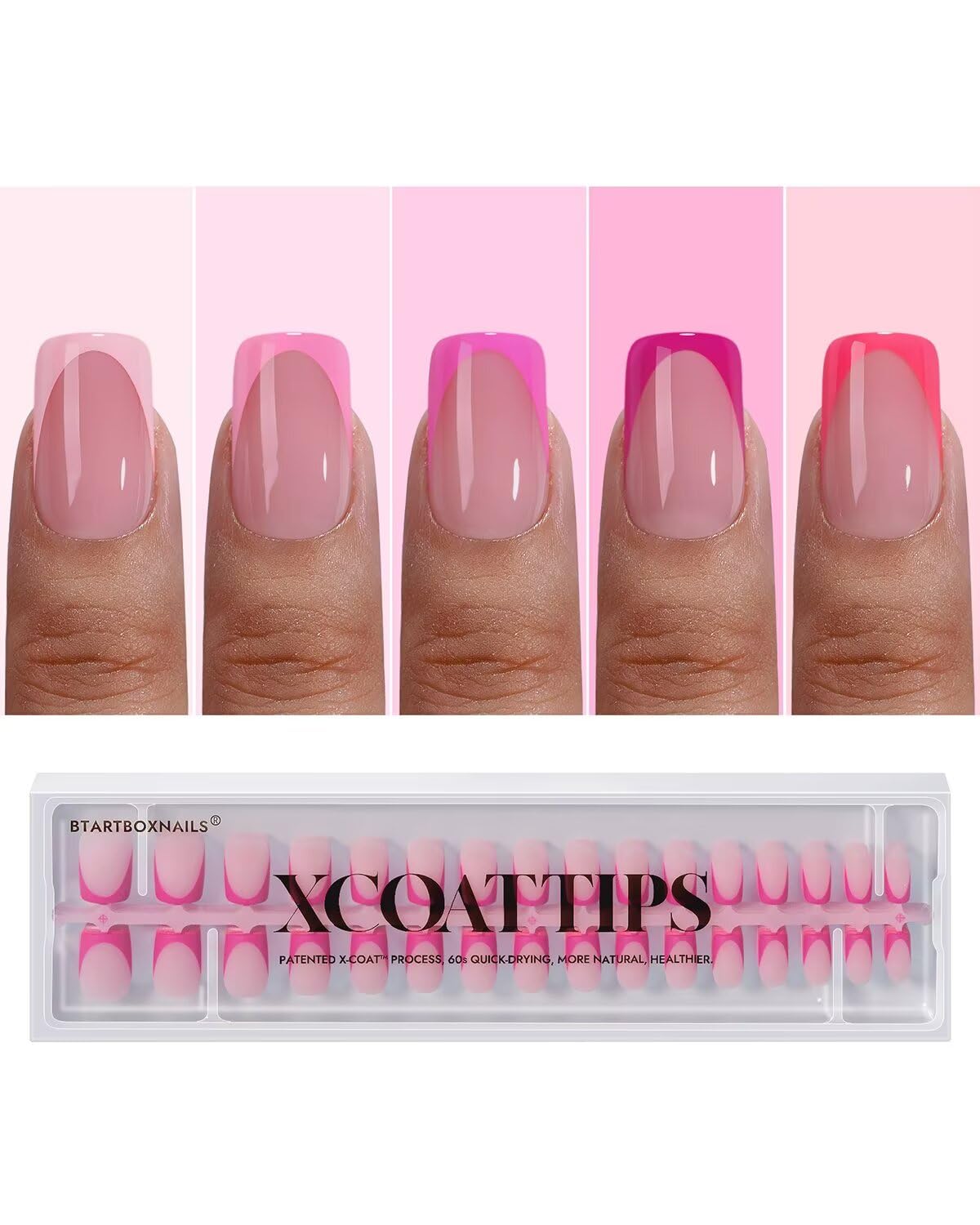 BTArtboxnails XCOATTIPS Short Press On Nails Square - Pink French Tip Press On Nails, Soft Gel Nail Tips, 160Pcs Soak Off Acrylic Pink Fake Nail Extension in 16 Sizes