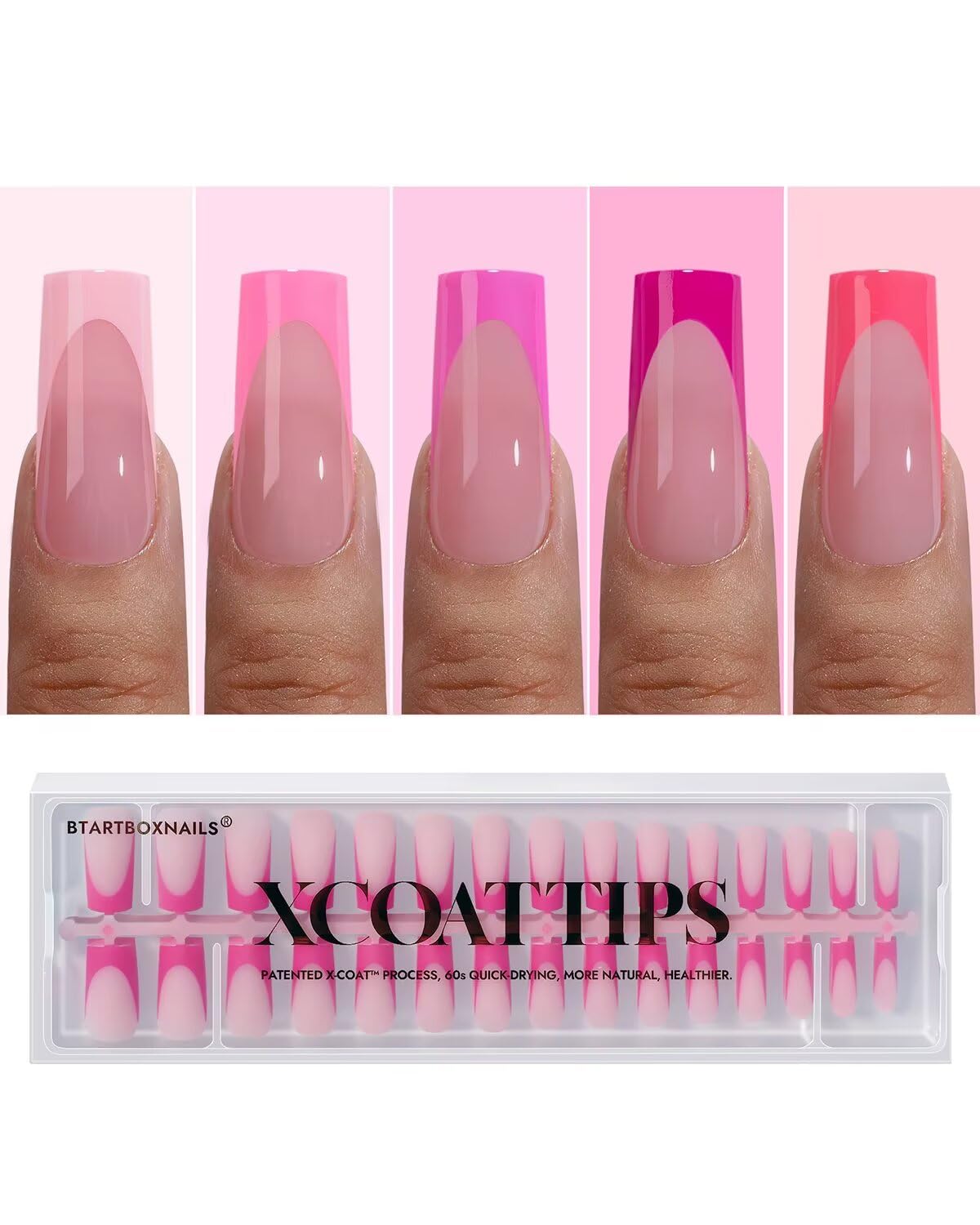 BTArtboxnails XCOATTIPS Short Press On Nails Square - Pink French Tip Press On Nails, Soft Gel Nail Tips, 160Pcs Soak Off Acrylic Pink Fake Nail Extension in 16 Sizes
