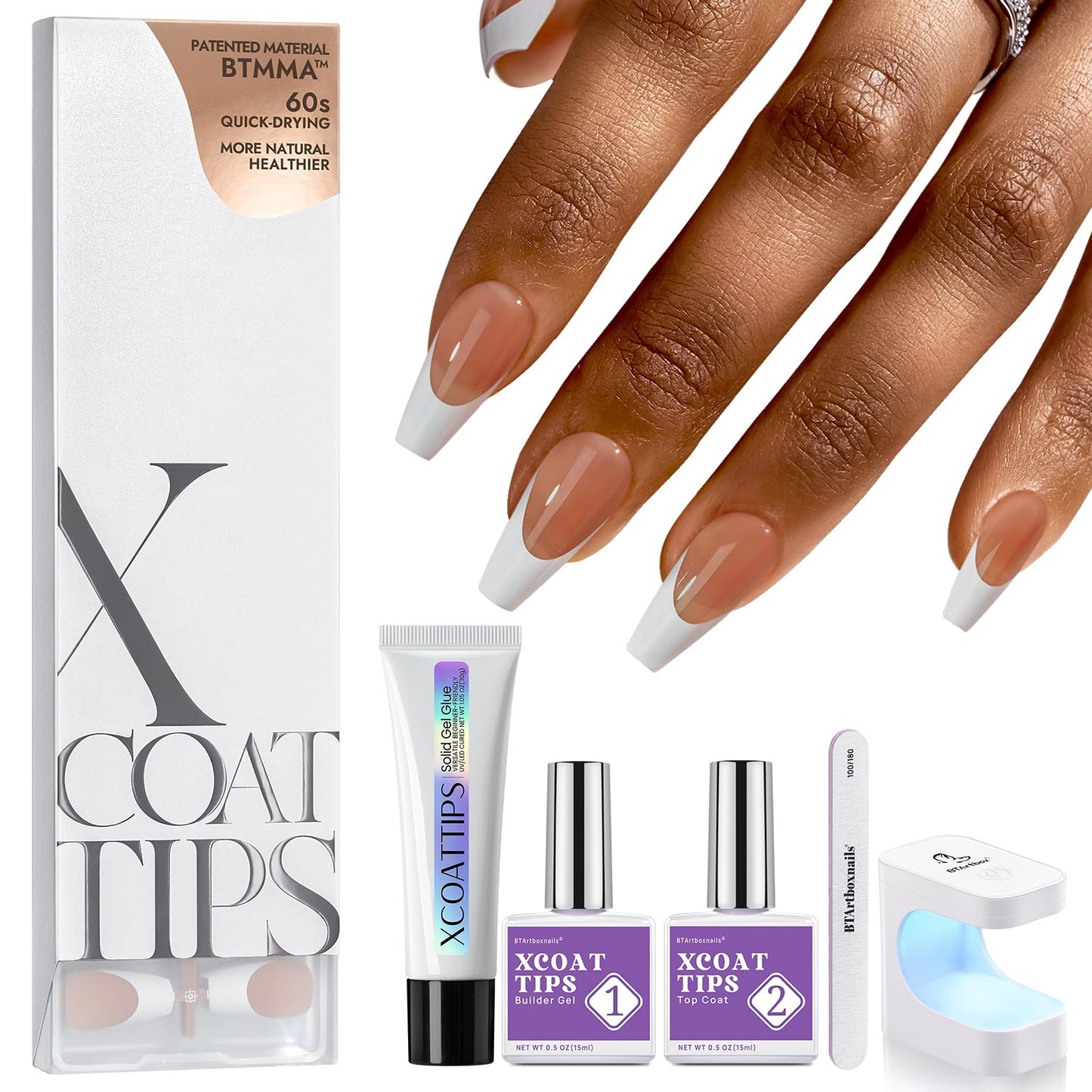 BTArtboxnails XCOATTIPS Gel Nail Kit - Short Squre French Tip Press on Nails Kit, Pink Soft Gel Nail Tips with Nail Gel, French Protecing Duo and Nail Lamp for Gift Home DIY