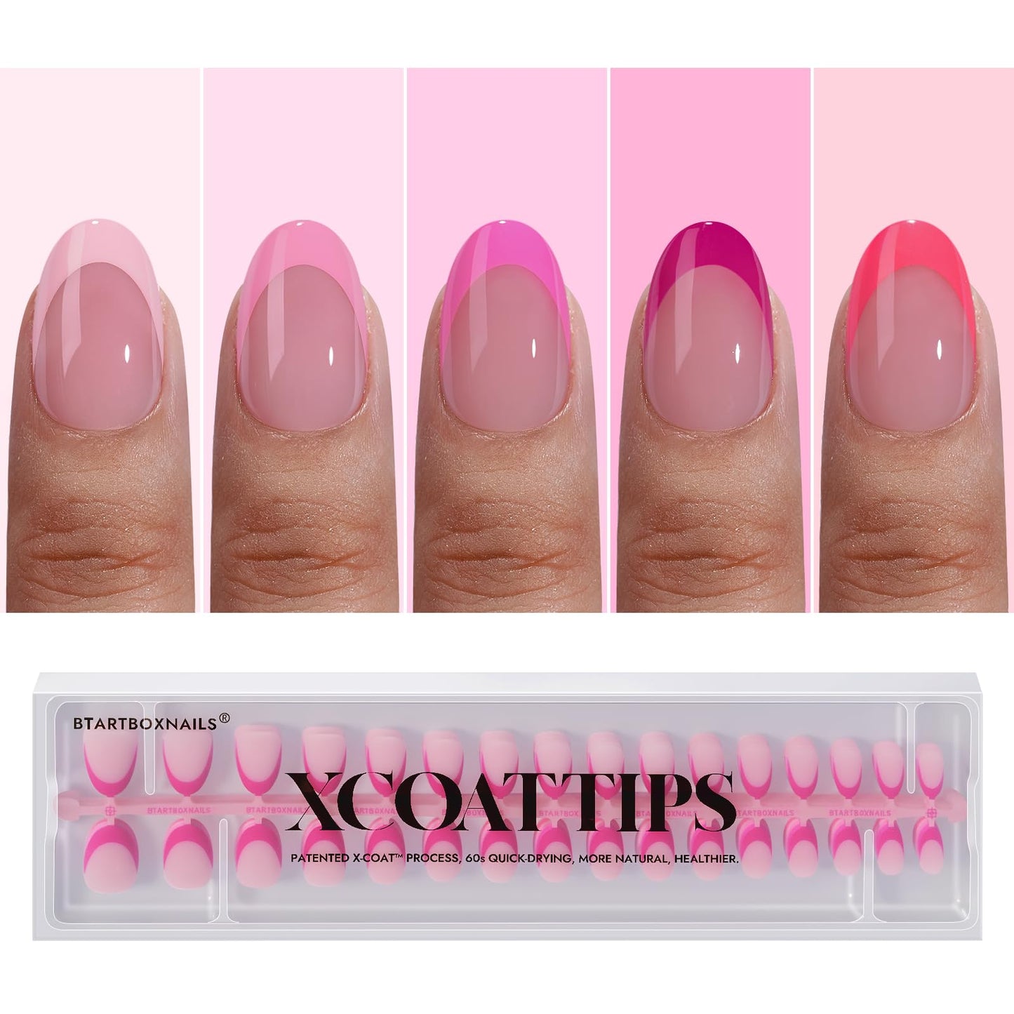 BTArtboxnails XCOATTIPS Short Press On Nails Square - Pink French Tip Press On Nails, Soft Gel Nail Tips, 160Pcs Soak Off Acrylic Pink Fake Nail Extension in 16 Sizes