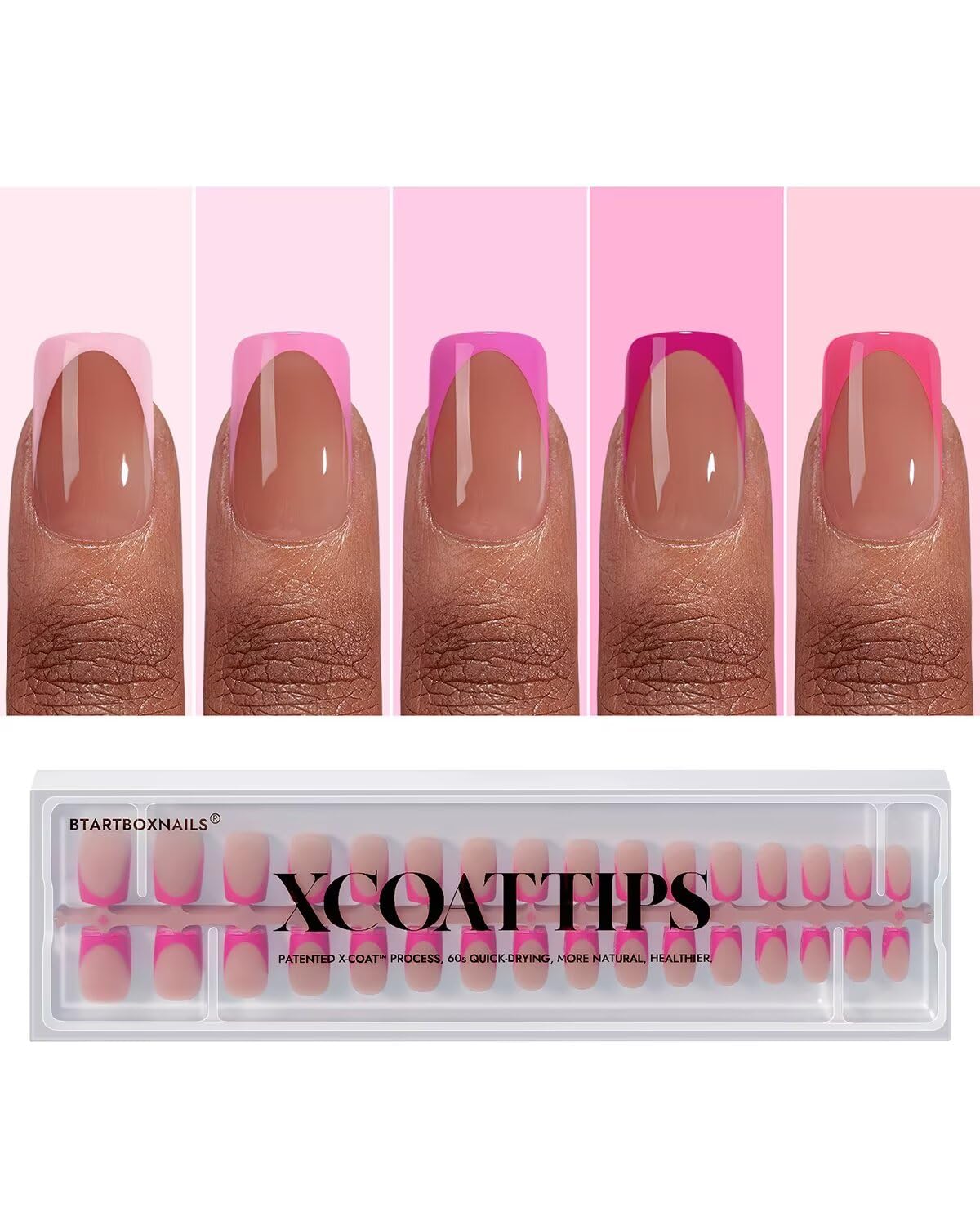 BTArtboxnails XCOATTIPS Short Press On Nails Square - Pink French Tip Press On Nails, Soft Gel Nail Tips, 160Pcs Soak Off Acrylic Pink Fake Nail Extension in 16 Sizes