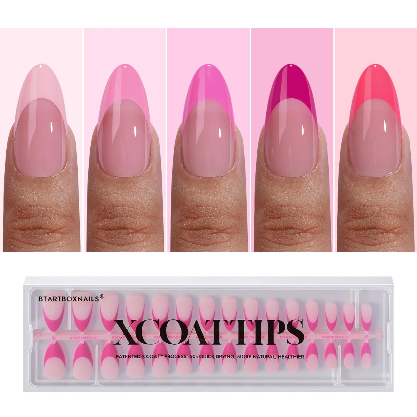 BTArtboxnails XCOATTIPS Short Press On Nails Square - Pink French Tip Press On Nails, Soft Gel Nail Tips, 160Pcs Soak Off Acrylic Pink Fake Nail Extension in 16 Sizes