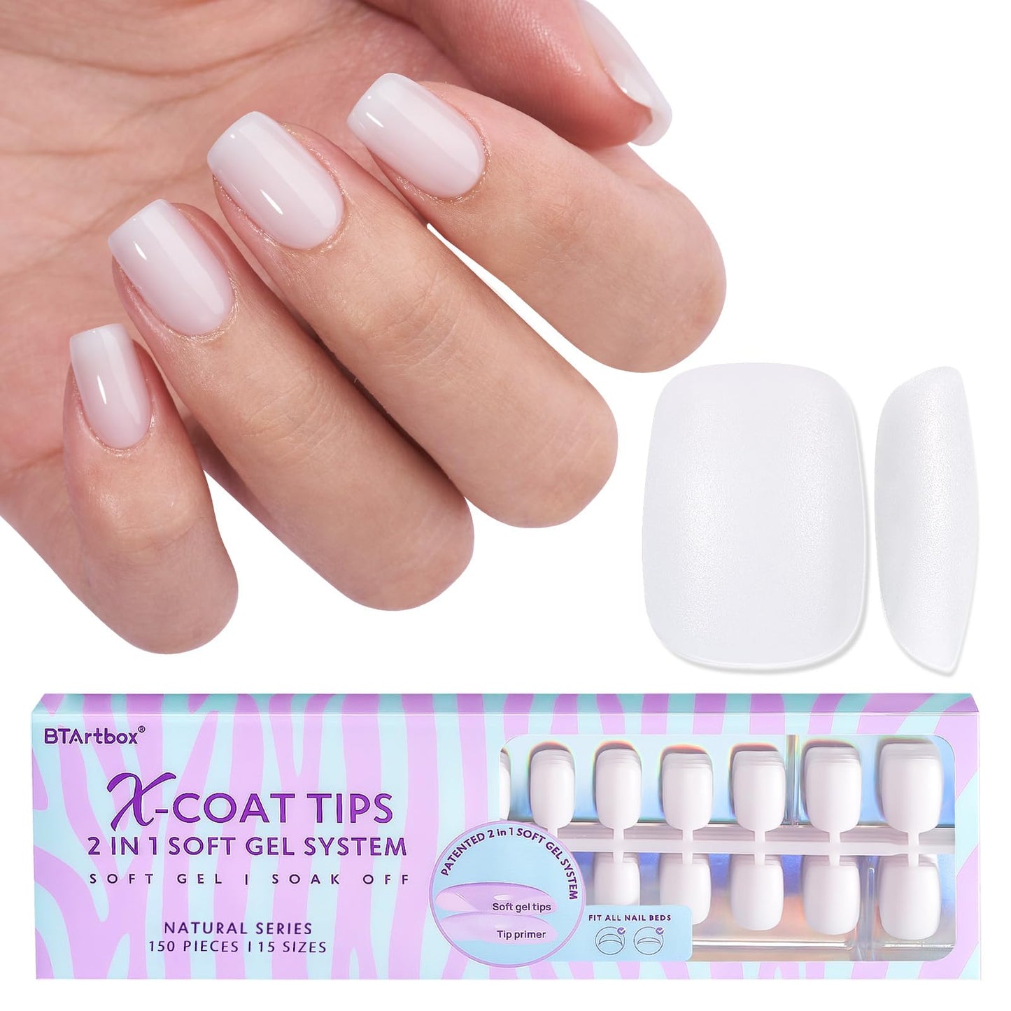 BTArtboxnails XS Short Almond Gel Nail Tips - Pre Colored Milky White Soft Gel Nail Tips, Milky White Press on Nails, Natural XCOATTIPS