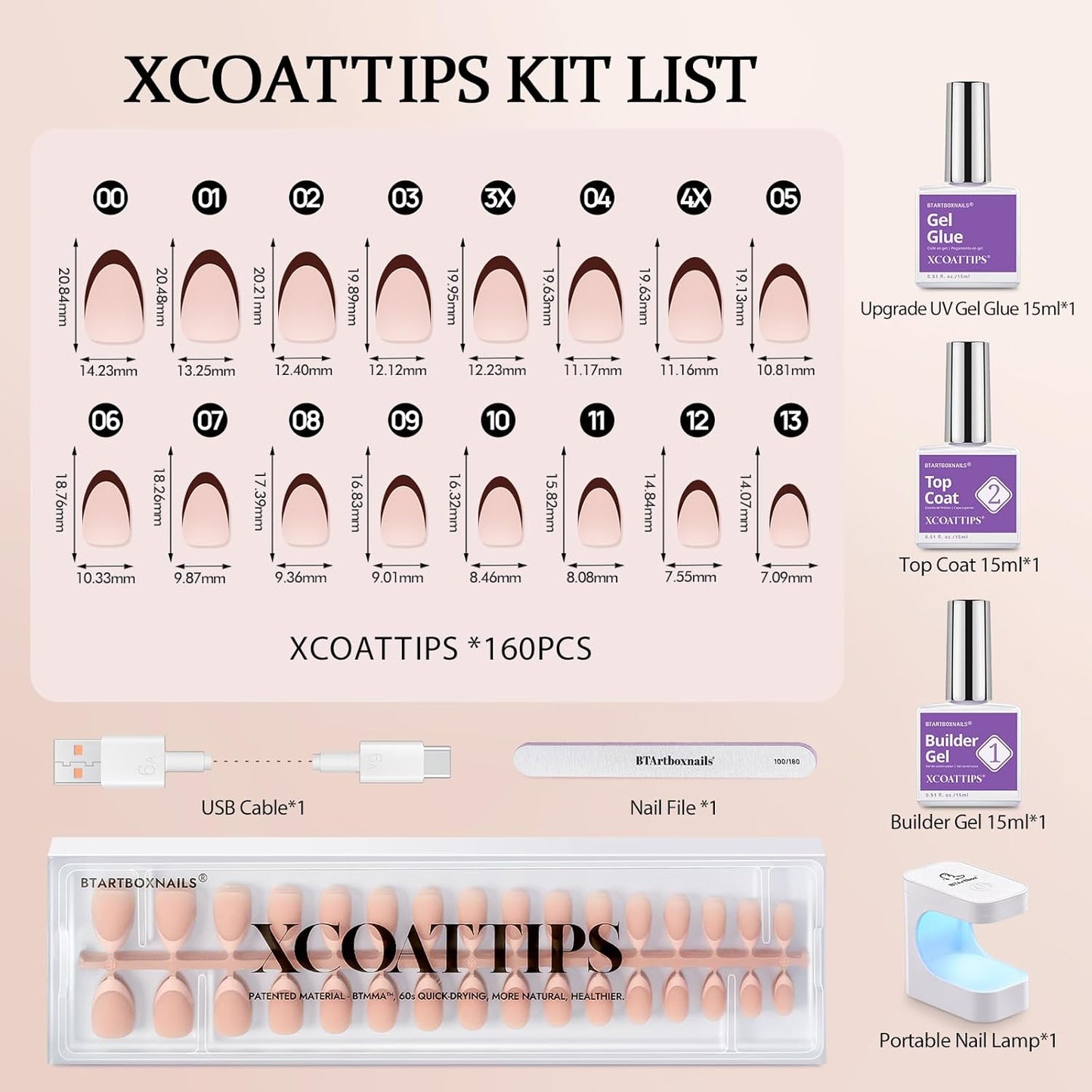 BTArtboxnails XCOATTIPS Press on Nails Short - Skin Tones Almond Nail Tips, Soft Gel Nail Tips with Nail Gel, French Protecting Duo, Nail Lamp, All in One Fake Nails French Tip Press on Nails Kit