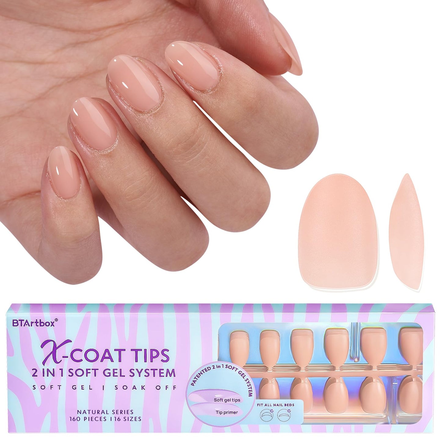 BTArtboxnails XS Short Almond Gel Nail Tips - Pre Colored Milky White Soft Gel Nail Tips, Milky White Press on Nails, Natural XCOATTIPS