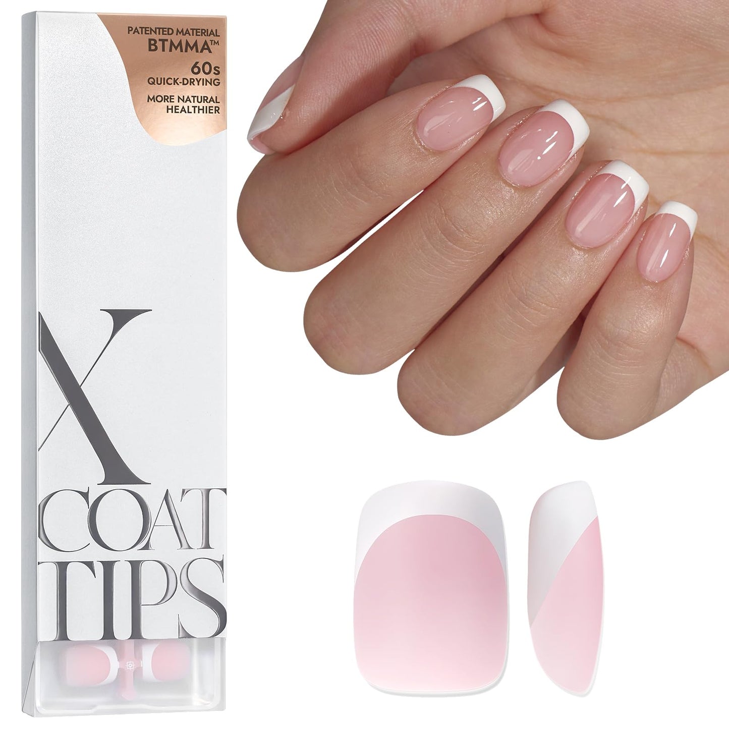 BTArtboxnails XCOATTIPS French Tip Nails - Short Press On Nails, 160 Pcs Pink Square Soft Gel Nail Tips Pre-applied Tip Primer & Base Coat, No Need File False Nails for Gift, 16 Sizes
