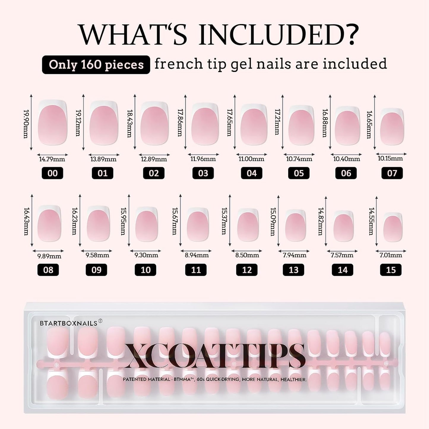 BTArtboxnails XCOATTIPS French Tip Nails - Short Press On Nails, 160 Pcs Pink Square Soft Gel Nail Tips Pre-applied Tip Primer & Base Coat, No Need File False Nails for Gift, 16 Sizes