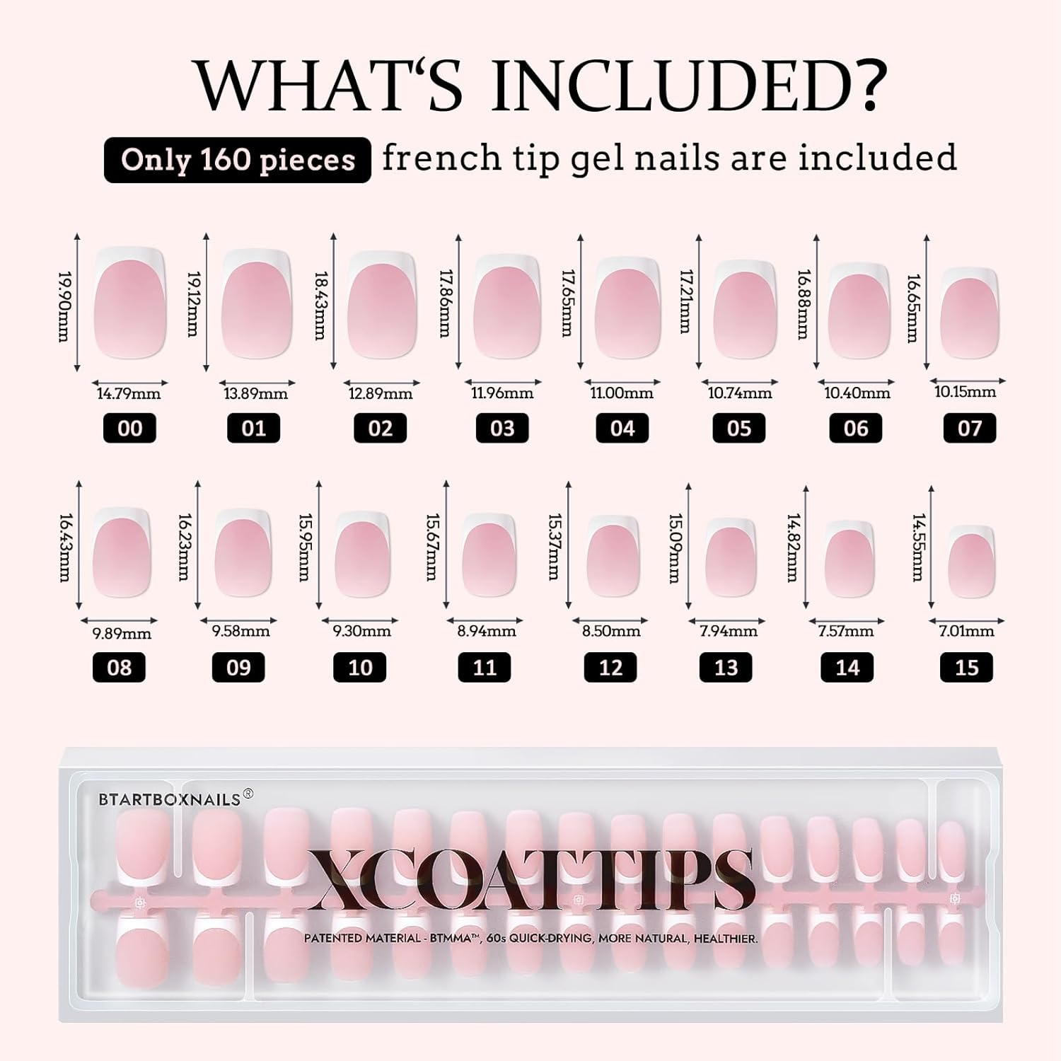 BTArtboxnails XCOATTIPS French Tip Nails - Short Press On Nails, 160 Pcs Pink Square Soft Gel Nail Tips Pre-applied Tip Primer & Base Coat, No Need File False Nails for Gift, 16 Sizes