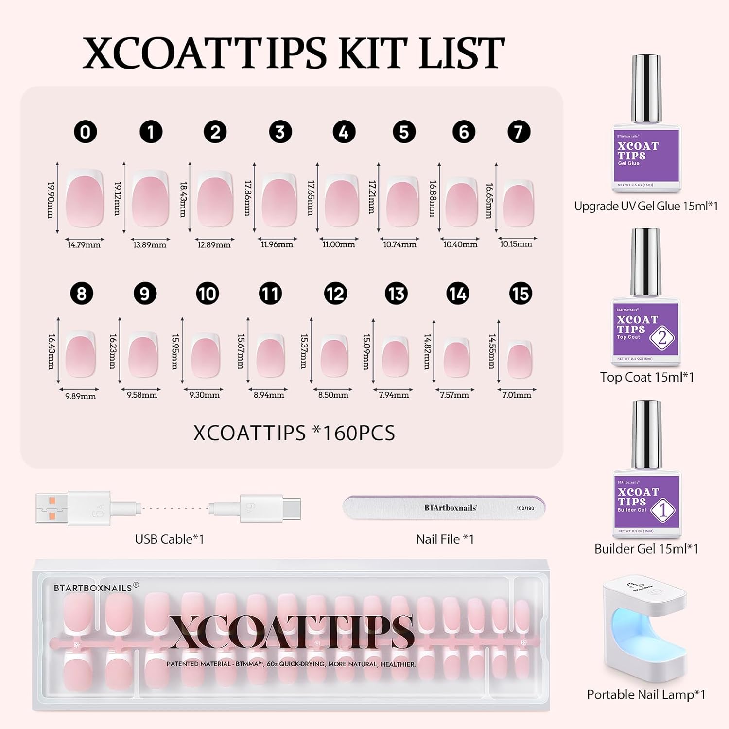 BTArtboxnails XCOATTIPS Gel Nail Kit - Short Squre French Tip Press on Nails Kit, Pink Soft Gel Nail Tips with Nail Gel, French Protecing Duo and Nail Lamp for Gift Home DIY