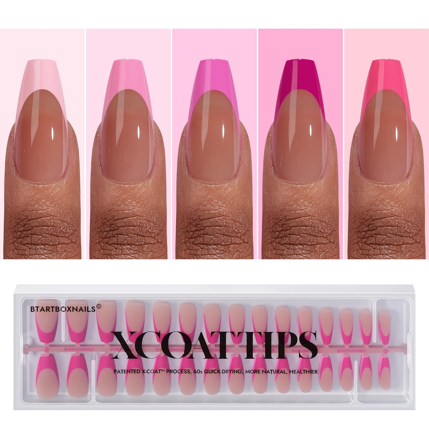 BTArtboxnails XCOATTIPS Short Press On Nails Square - Pink French Tip Press On Nails, Soft Gel Nail Tips, 160Pcs Soak Off Acrylic Pink Fake Nail Extension in 16 Sizes