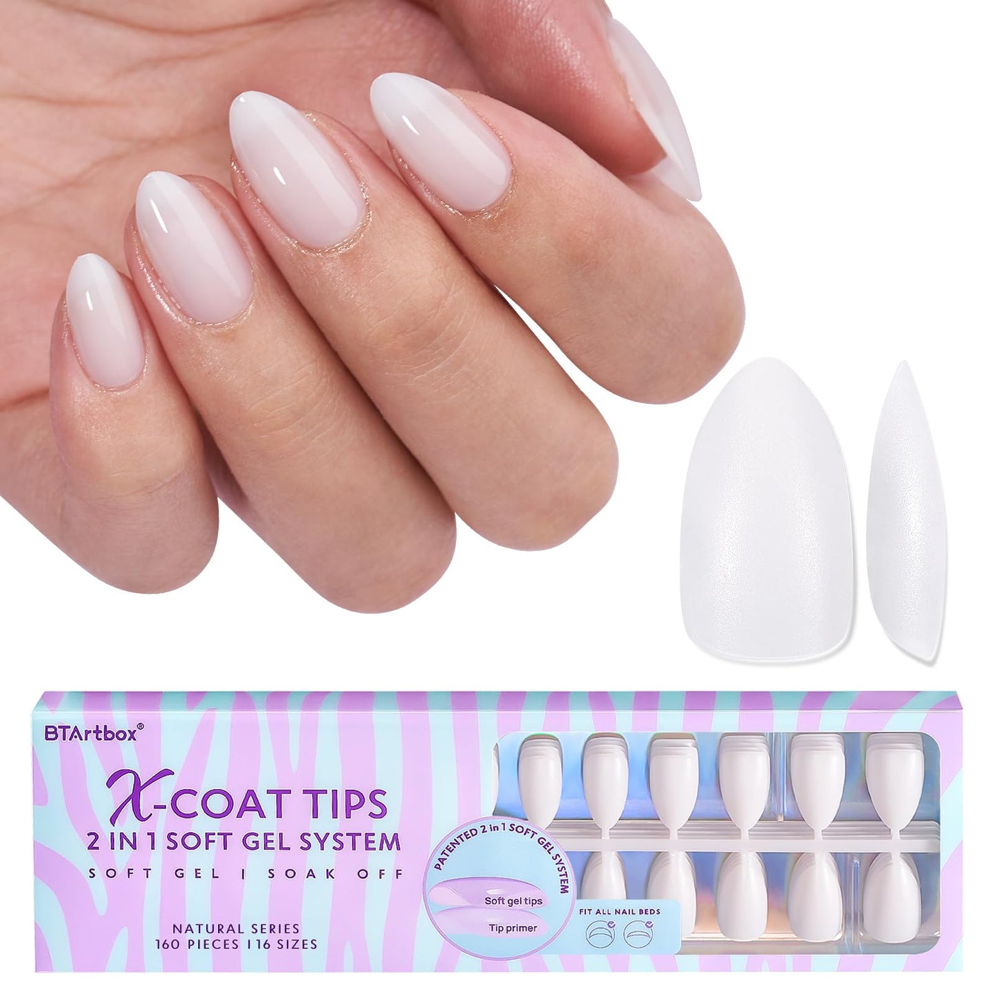 BTArtboxnails XS Short Almond Gel Nail Tips - Pre Colored Milky White Soft Gel Nail Tips, Milky White Press on Nails, Natural XCOATTIPS