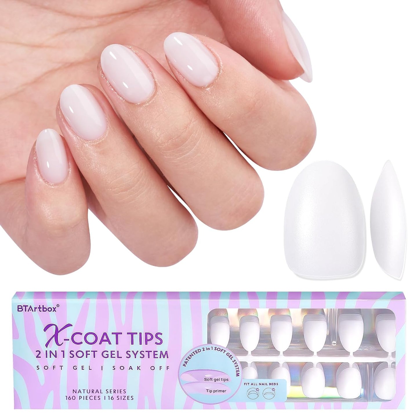 BTArtboxnails XS Short Almond Gel Nail Tips - Pre Colored Milky White Soft Gel Nail Tips, Milky White Press on Nails, Natural XCOATTIPS