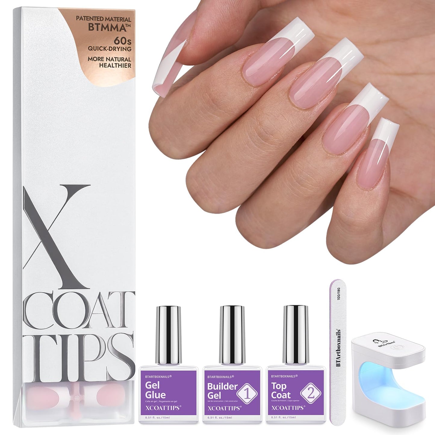 BTArtboxnails XCOATTIPS Gel Nail Kit - Short Squre French Tip Press on Nails Kit, Pink Soft Gel Nail Tips with Nail Gel, French Protecing Duo and Nail Lamp for Gift Home DIY