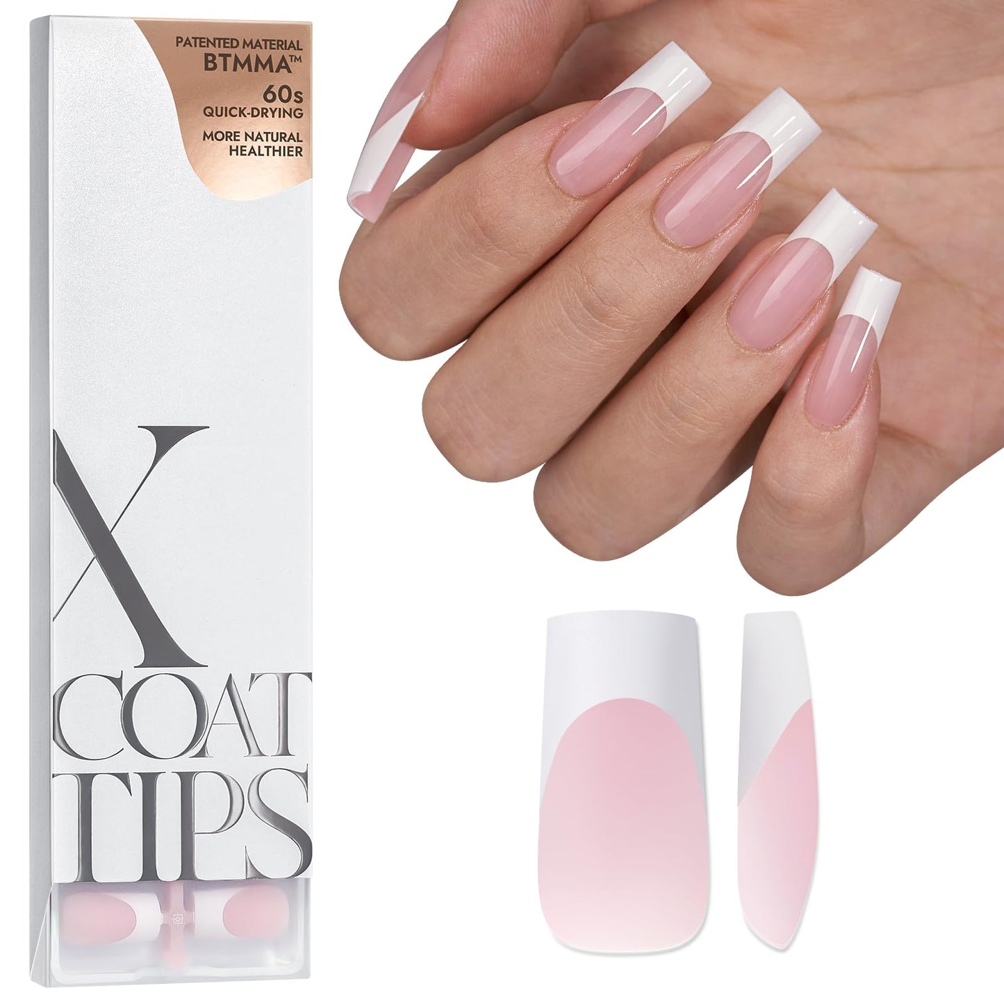 BTArtboxnails XCOATTIPS French Tip Nails - Short Press On Nails, 160 Pcs Pink Square Soft Gel Nail Tips Pre-applied Tip Primer & Base Coat, No Need File False Nails for Gift, 16 Sizes