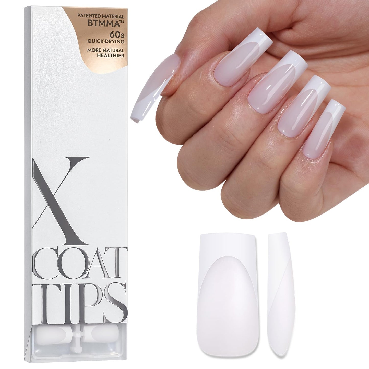 BTArtboxnails XCOATTIPS French Tip Nails - Short Press On Nails, 160 Pcs Pink Square Soft Gel Nail Tips Pre-applied Tip Primer & Base Coat, No Need File False Nails for Gift, 16 Sizes