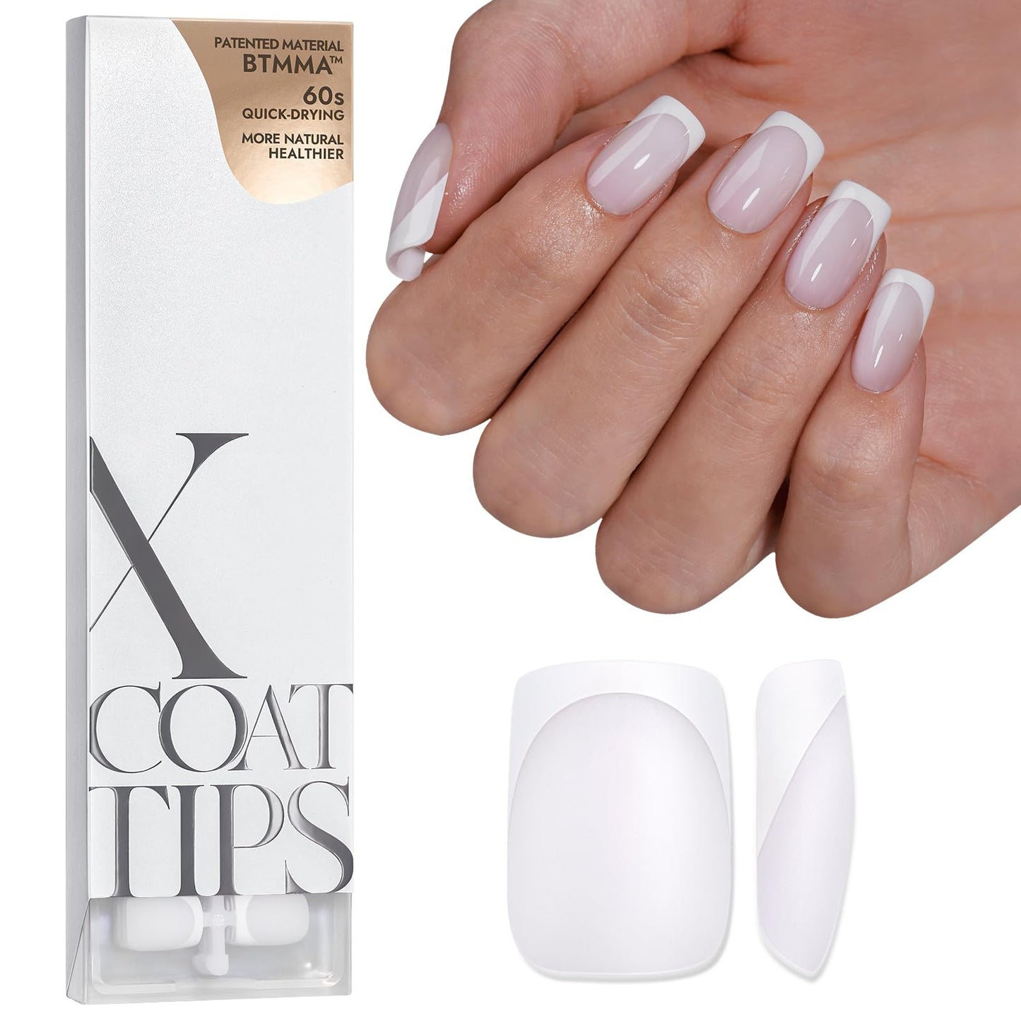 BTArtboxnails XCOATTIPS French Tip Nails - Short Press On Nails, 160 Pcs Pink Square Soft Gel Nail Tips Pre-applied Tip Primer & Base Coat, No Need File False Nails for Gift, 16 Sizes