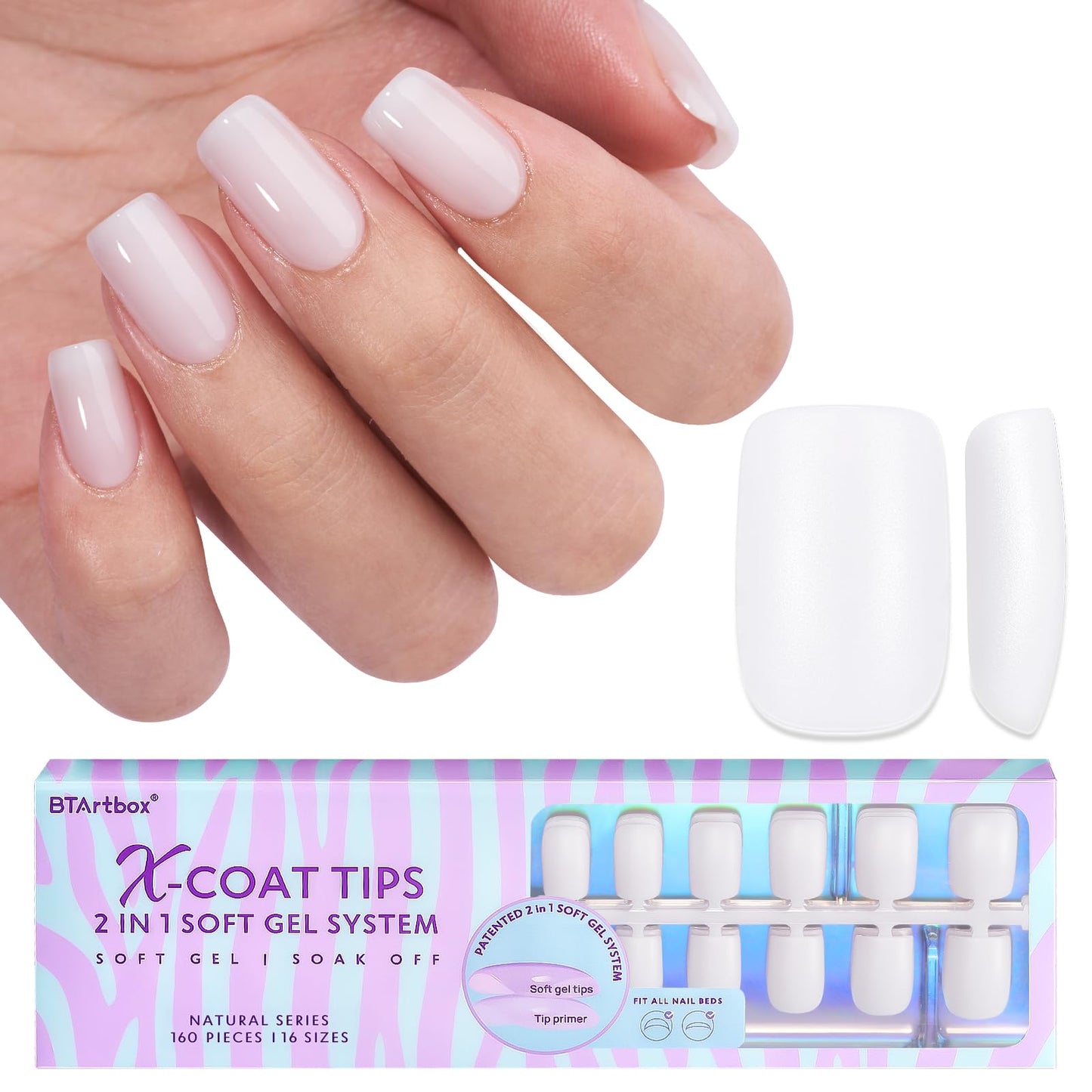 BTArtboxnails XS Short Almond Gel Nail Tips - Pre Colored Milky White Soft Gel Nail Tips, Milky White Press on Nails, Natural XCOATTIPS