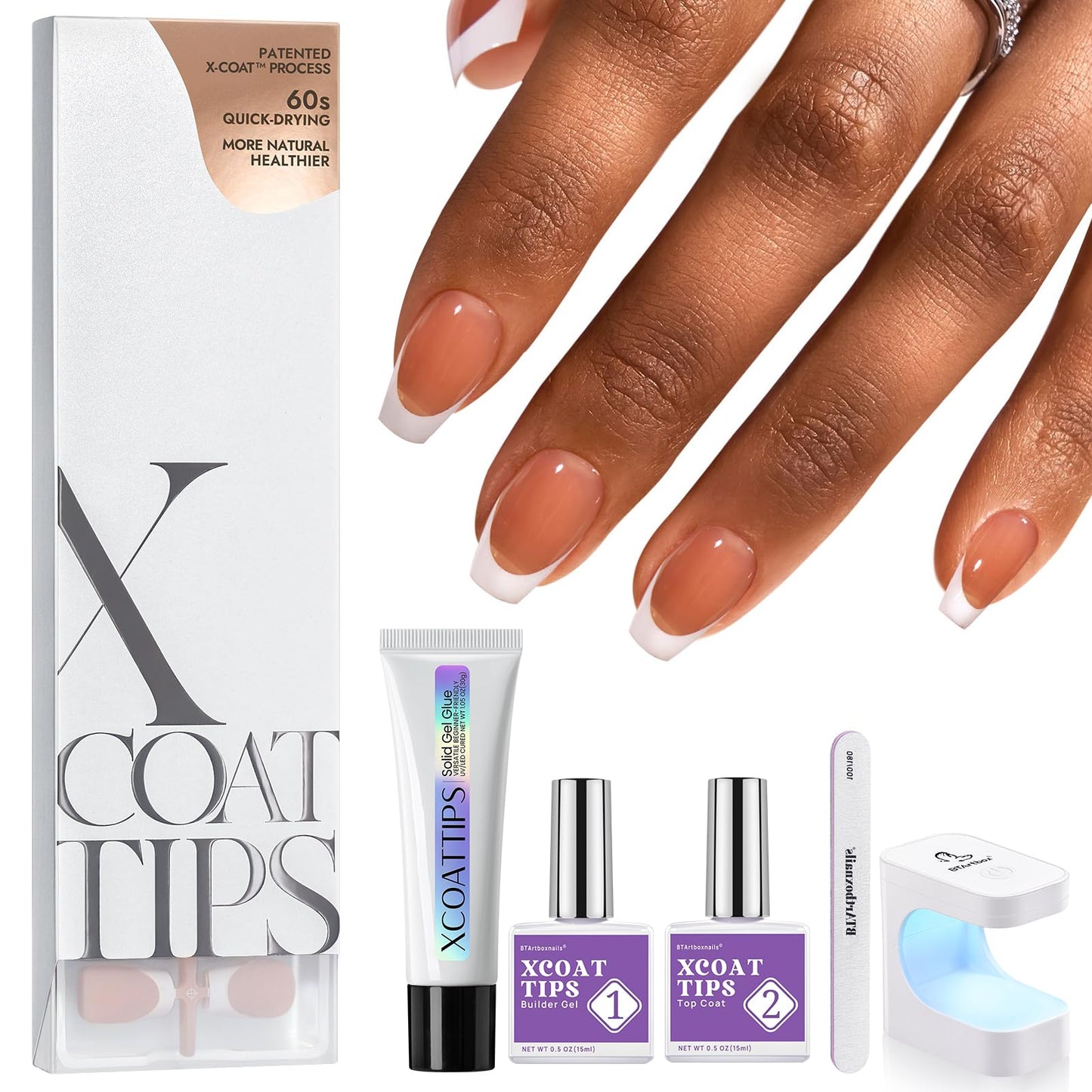 BTArtboxnails XCOATTIPS Gel Nail Kit - Short Squre French Tip Press on Nails Kit, Pink Soft Gel Nail Tips with Nail Gel, French Protecing Duo and Nail Lamp for Gift Home DIY