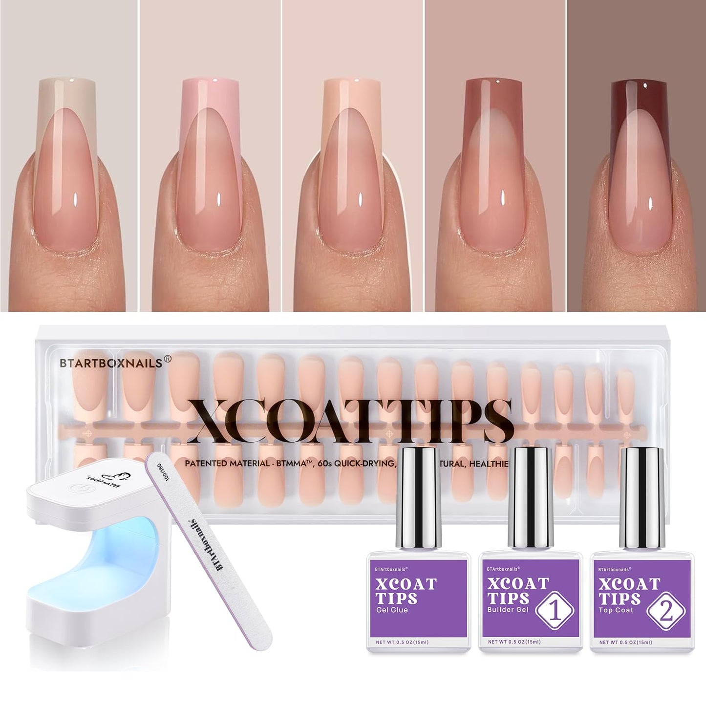 BTArtboxnails XCOATTIPS Press on Nails Short - Skin Tones Almond Nail Tips, Soft Gel Nail Tips with Nail Gel, French Protecting Duo, Nail Lamp, All in One Fake Nails French Tip Press on Nails Kit