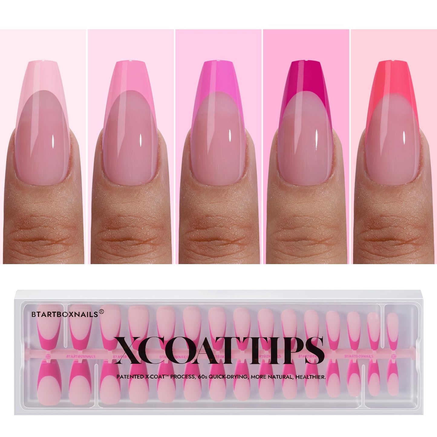 BTArtboxnails XCOATTIPS Short Press On Nails Square - Pink French Tip Press On Nails, Soft Gel Nail Tips, 160Pcs Soak Off Acrylic Pink Fake Nail Extension in 16 Sizes