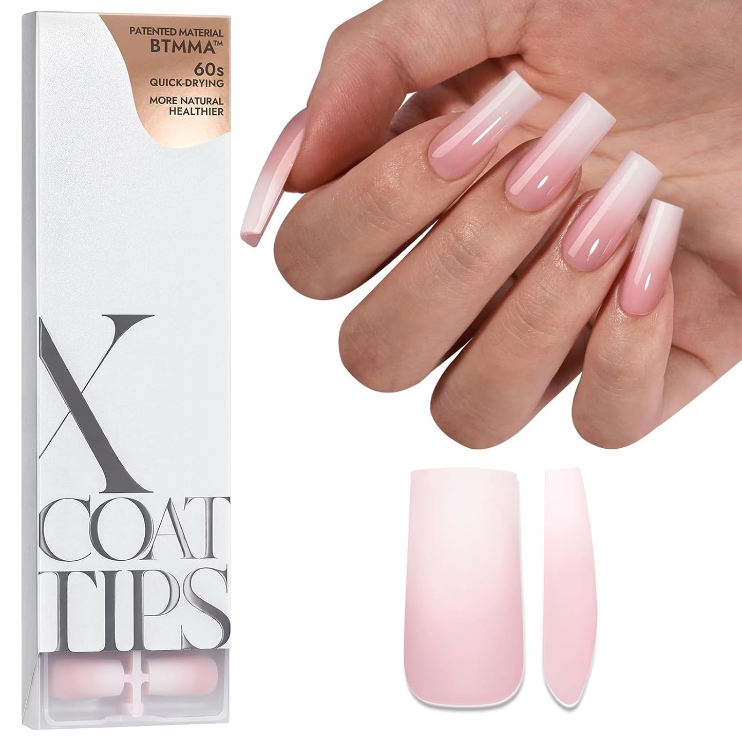 BTArtboxnails XCOATTIPS Ombre Nails - Square Press on Nails Long, 150Pcs Nail Tips Pink White Gradient Soft Gel False Nail Tips Soak Off Fake Nails Extensions DIY 15 Sizes