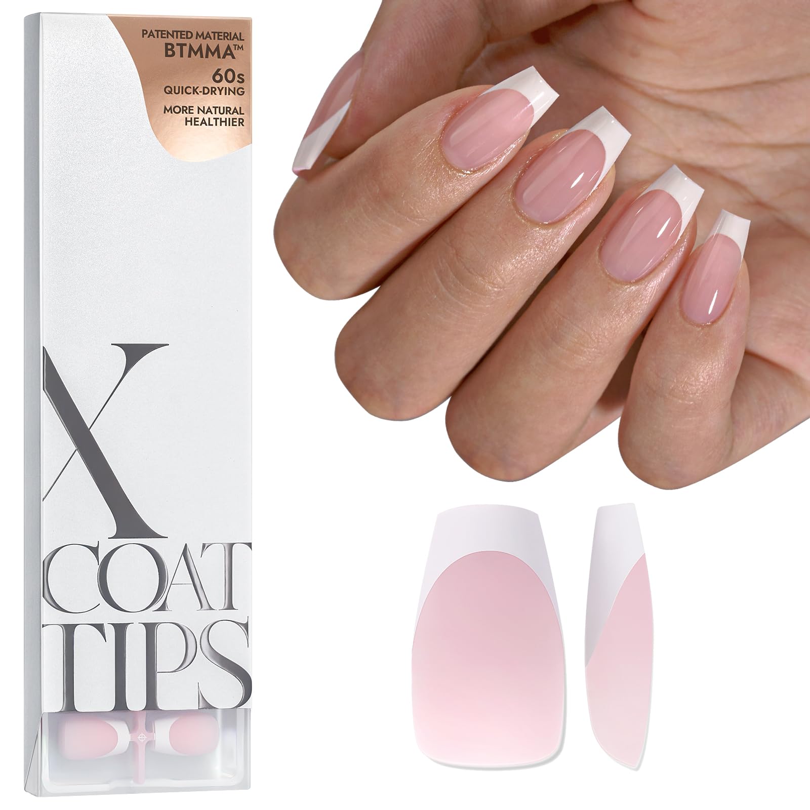 BTArtboxnails XCOATTIPS French Tip Nails - Short Press On Nails, 160 Pcs Pink Square Soft Gel Nail Tips Pre-applied Tip Primer & Base Coat, No Need File False Nails for Gift, 16 Sizes