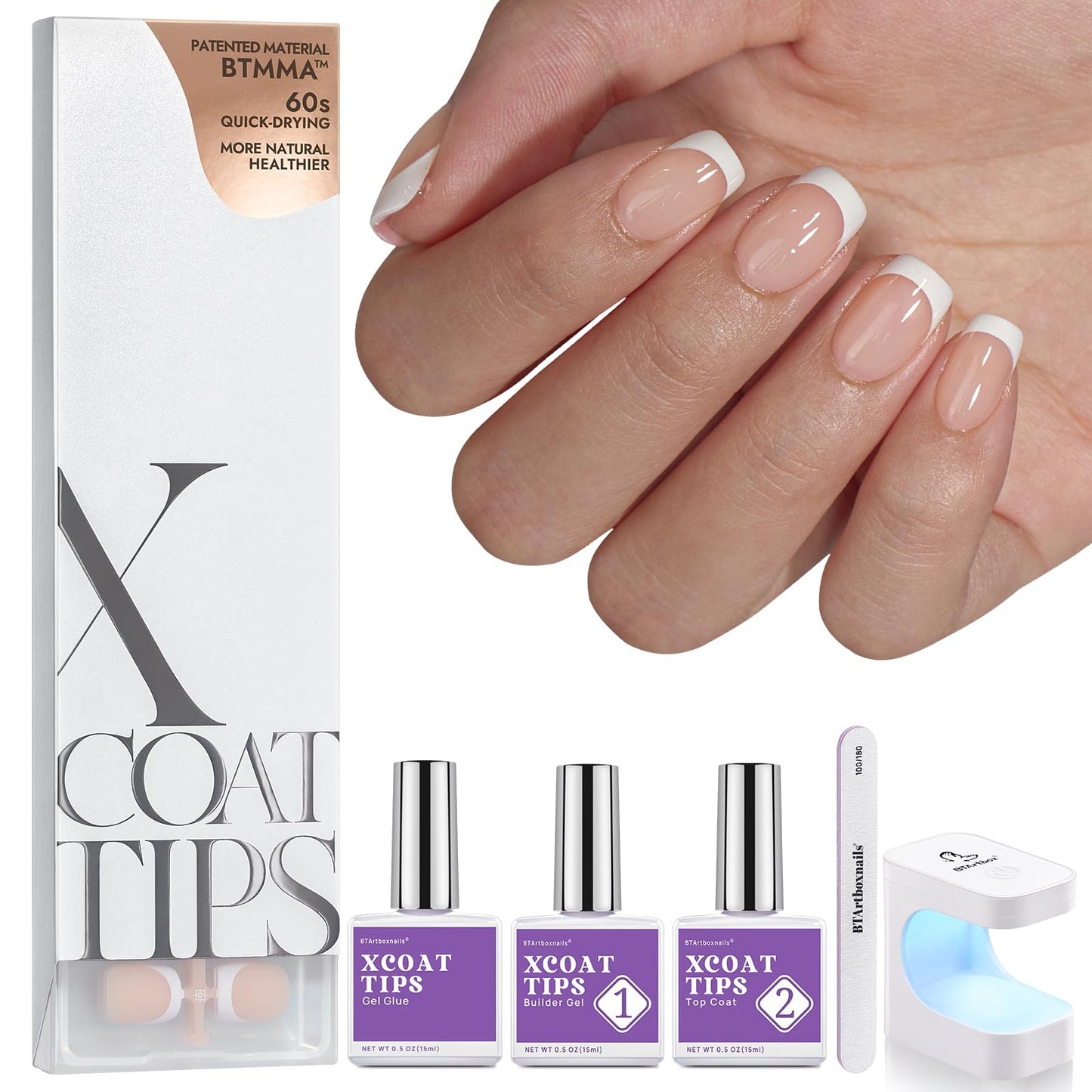 BTArtboxnails XCOATTIPS Press on Nails Short - Skin Tones Almond Nail Tips, Soft Gel Nail Tips with Nail Gel, French Protecting Duo, Nail Lamp, All in One Fake Nails French Tip Press on Nails Kit