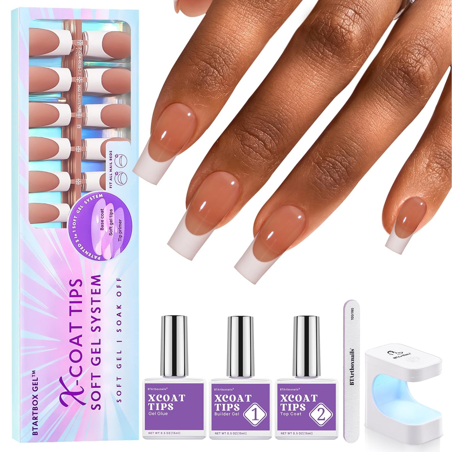 BTArtboxnails XCOATTIPS Press on Nails Short - Skin Tones Almond Nail Tips, Soft Gel Nail Tips with Nail Gel, French Protecting Duo, Nail Lamp, All in One Fake Nails French Tip Press on Nails Kit