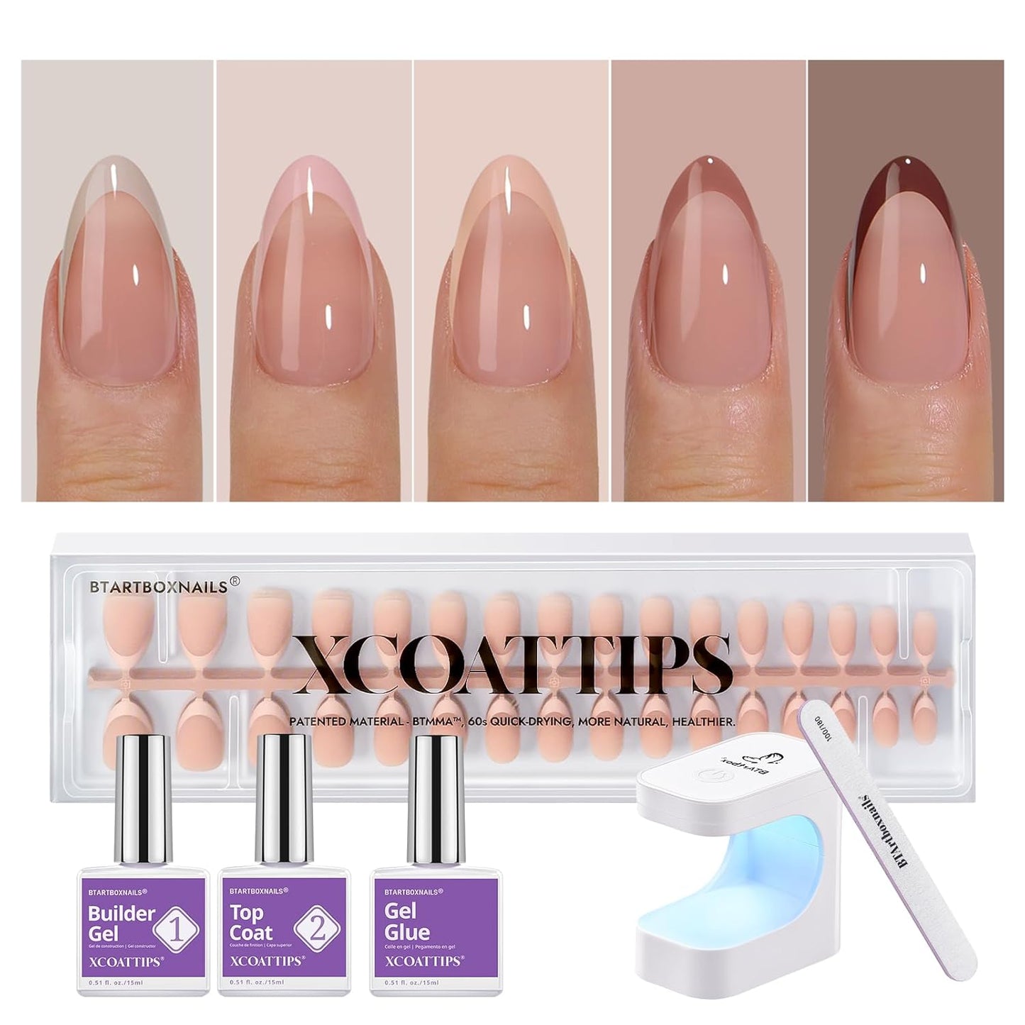 BTArtboxnails XCOATTIPS Press on Nails Short - Skin Tones Almond Nail Tips, Soft Gel Nail Tips with Nail Gel, French Protecting Duo, Nail Lamp, All in One Fake Nails French Tip Press on Nails Kit