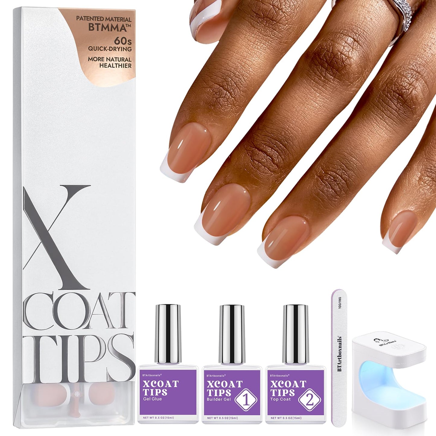 BTArtboxnails XCOATTIPS Press on Nails Short - Skin Tones Almond Nail Tips, Soft Gel Nail Tips with Nail Gel, French Protecting Duo, Nail Lamp, All in One Fake Nails French Tip Press on Nails Kit